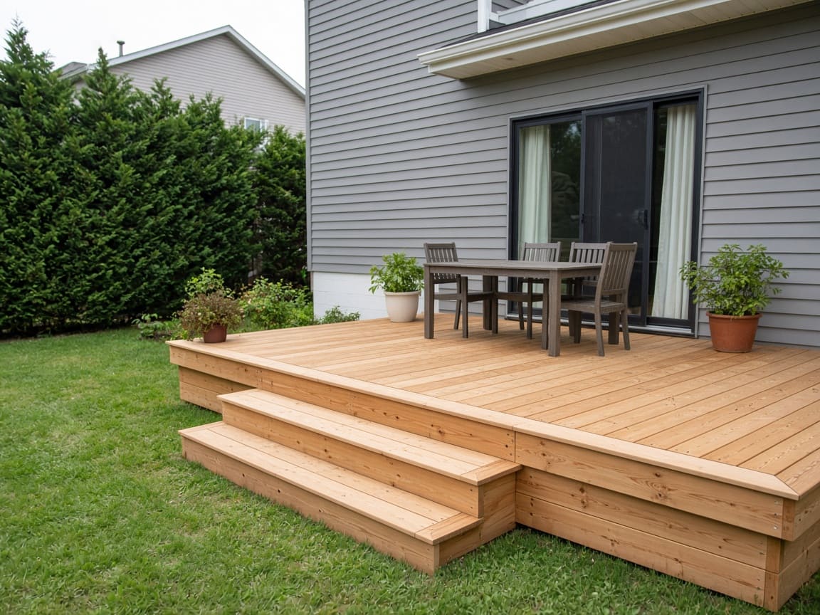 Ground-level cedar deck with wide steps and a dining table off a sliding door