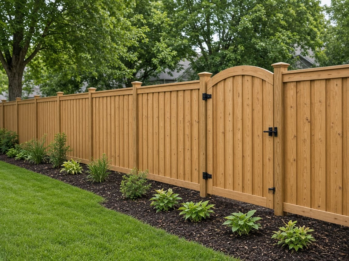 Cedar board-on-board privacy fence with an arched walk-through gate above a planted bed