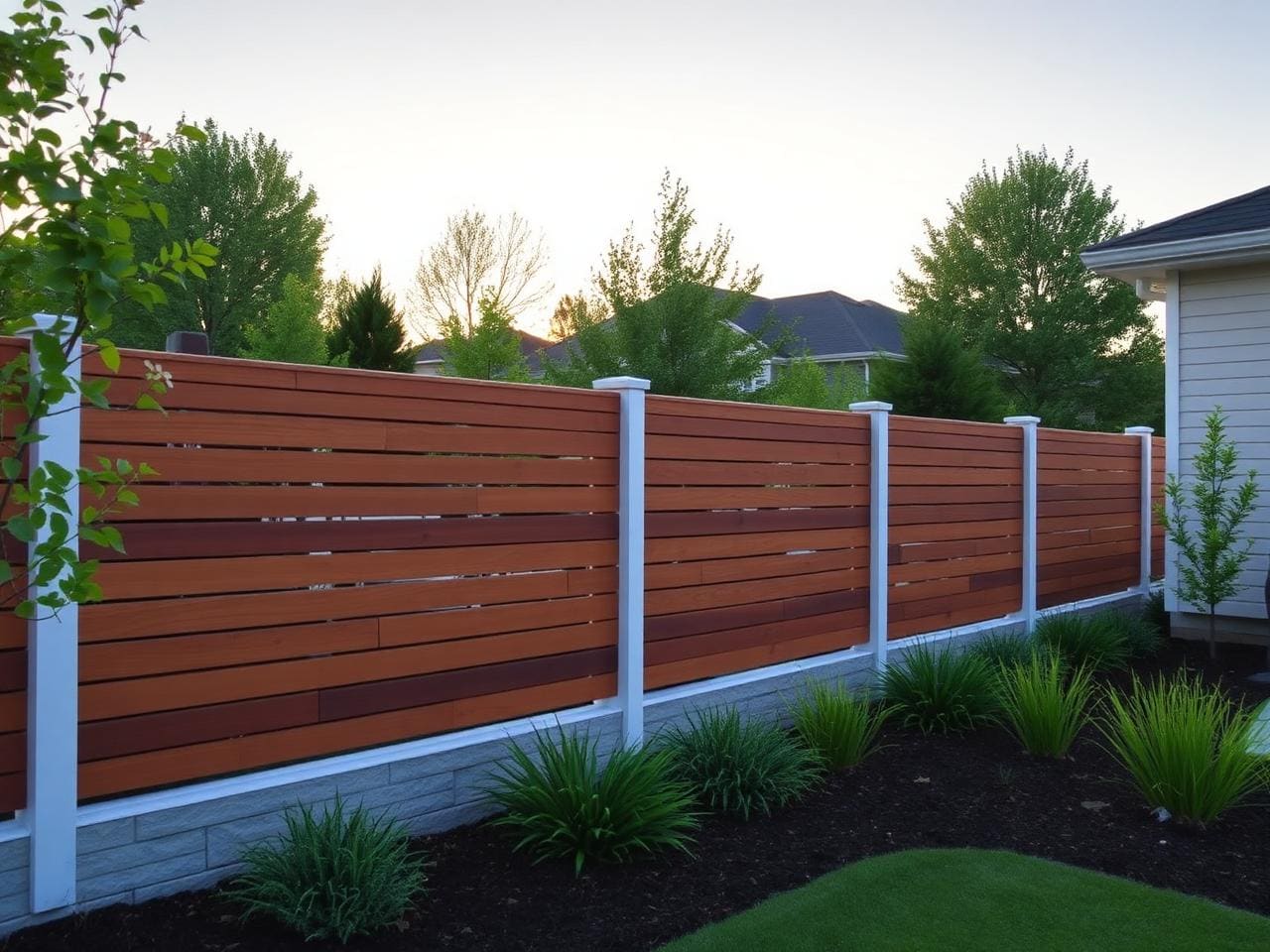 Horizontal wood privacy fence with white posts above a planted garden bed