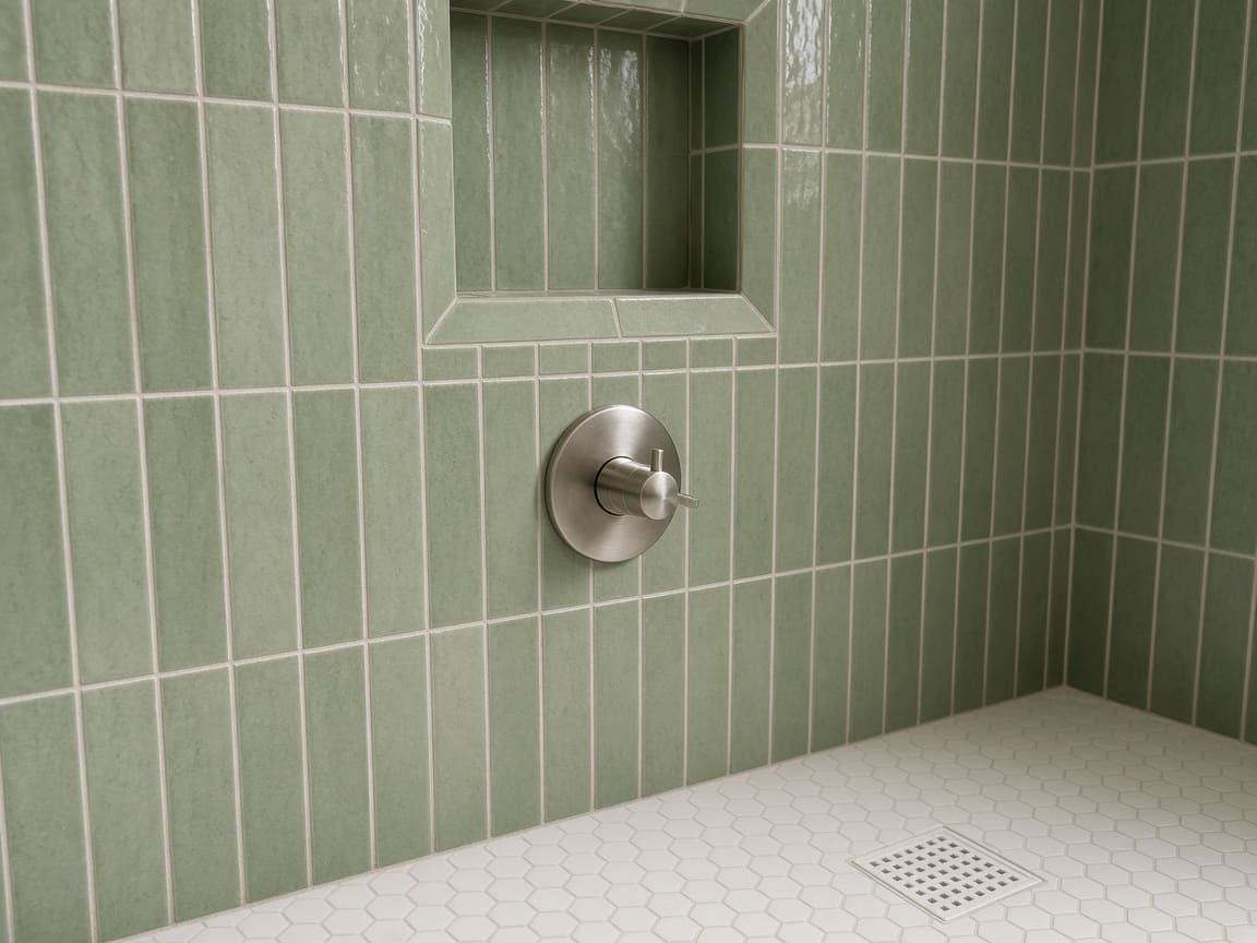 Sage green vertical-stack tile shower with a recessed niche and hexagon mosaic floor