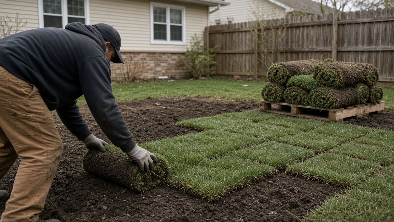 Landscaper unrolling sod in staggered rows over prepared topsoil