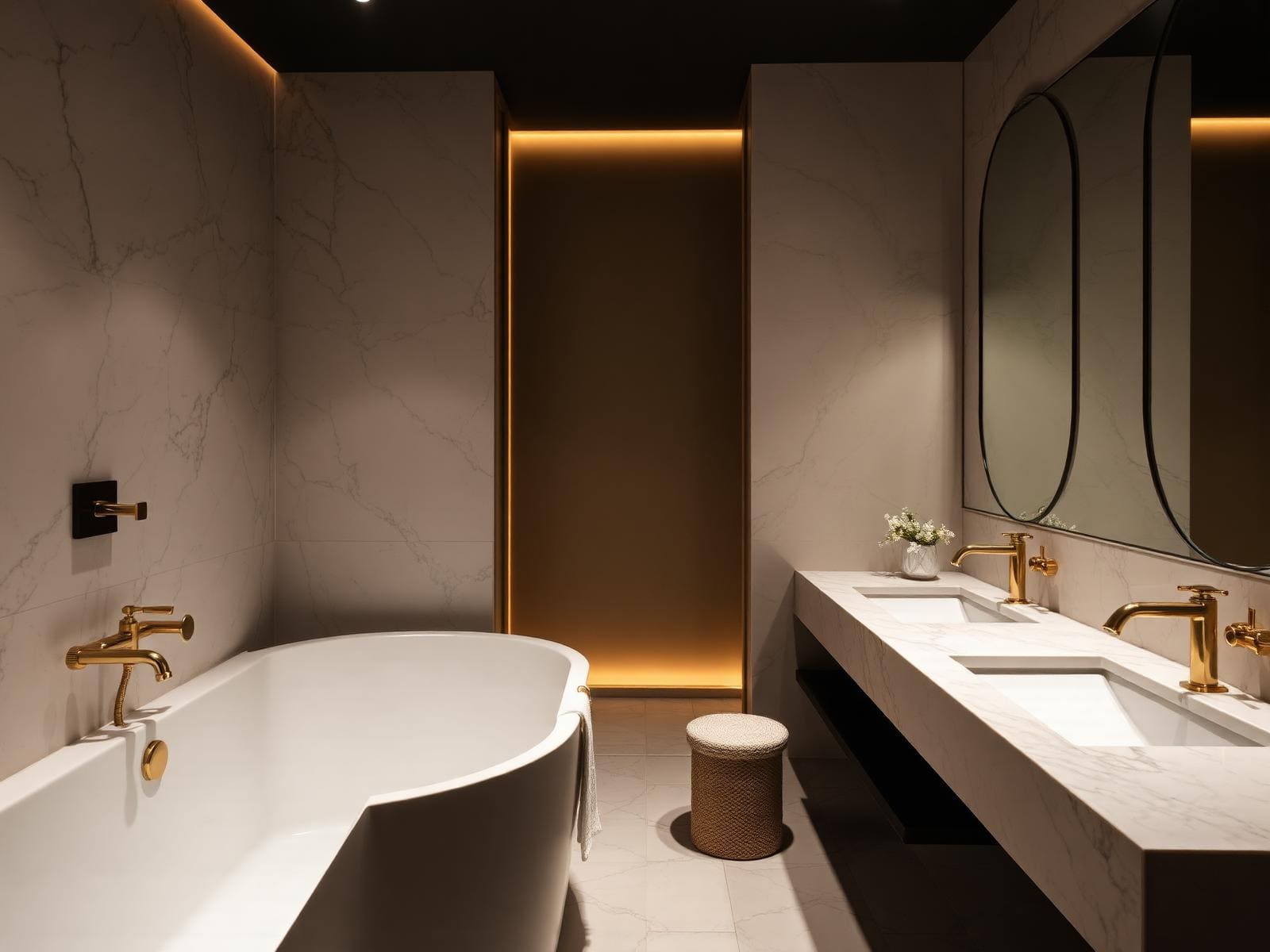 Marble-look bathroom with freestanding tub, double vanity and brass fixtures