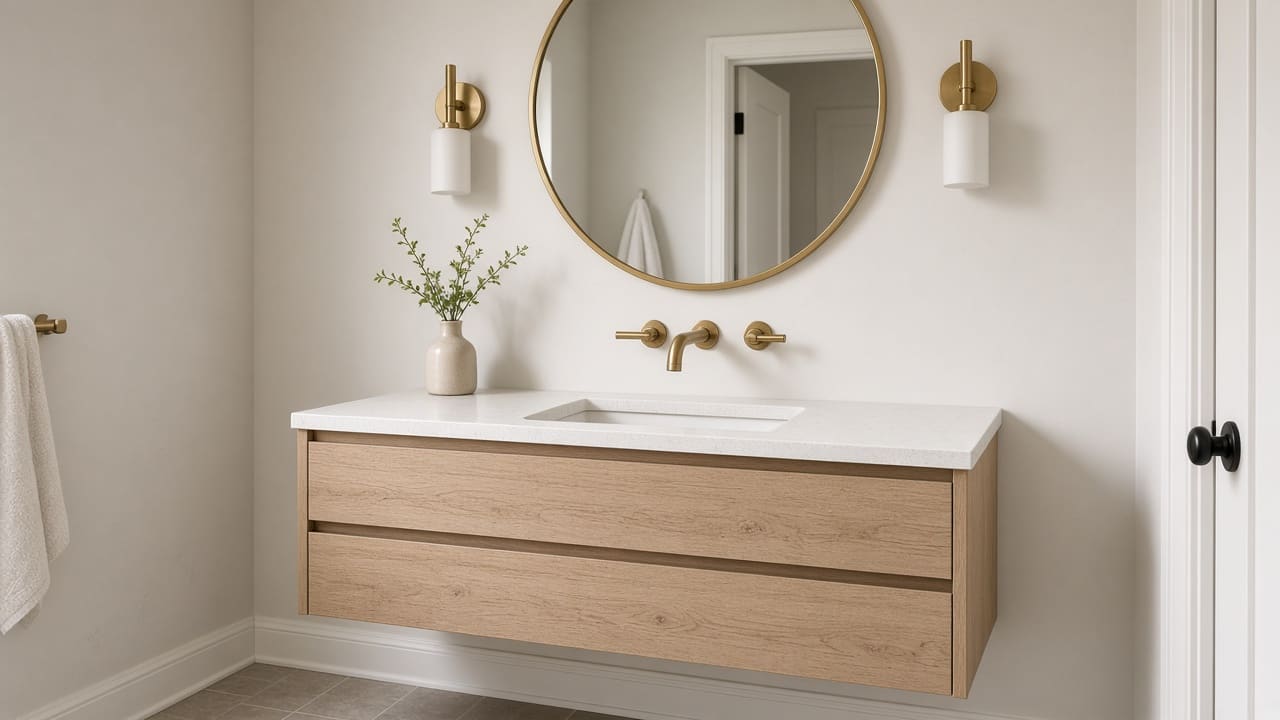 Floating white-oak vanity with a quartz top, brass faucet and round mirror