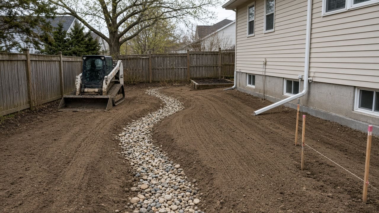 Freshly regraded backyard soil sloping away from the house with a river-stone drainage swale